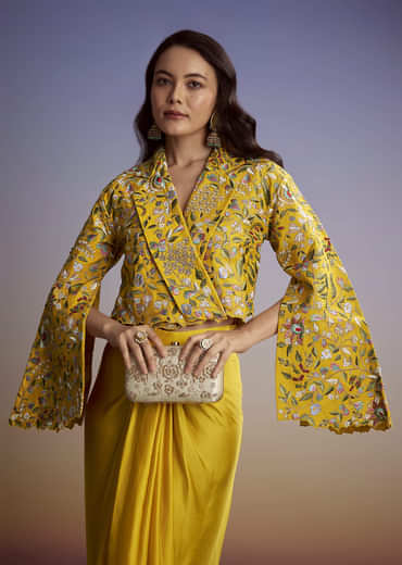 Yellow Silk Crop Top And Drape Skirt With Resham Work