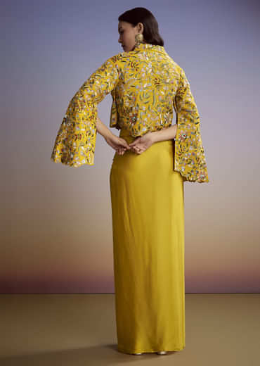 Yellow Silk Crop Top And Drape Skirt With Resham Work