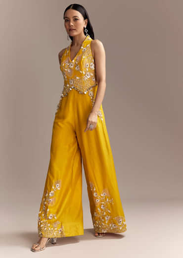 Yellow Georgette Embellished Crop Top And Palazzo Set With Cutdana Work