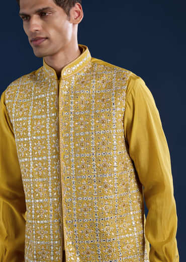 Yellow Silk Jacket Kurta Set with Gota Work