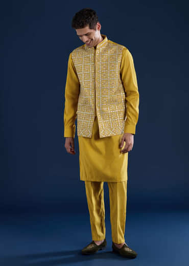 Yellow Silk Jacket Kurta Set with Gota Work