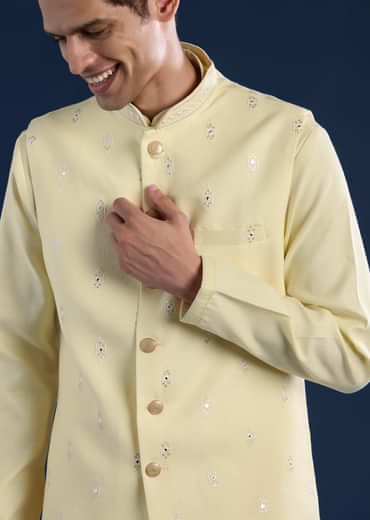 Yellow Silk Jacket Kurta Set with Mirror Embroidery