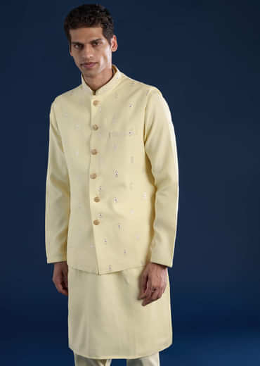 Yellow Silk Jacket Kurta Set with Mirror Embroidery