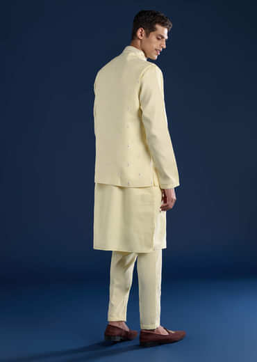 Yellow Silk Jacket Kurta Set with Mirror Embroidery