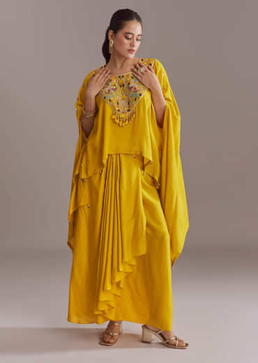 Yellow Silk Kaftan Top And Drape Skirt Set With Embroidery