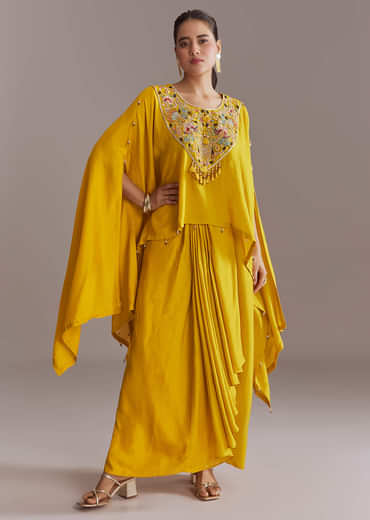 Yellow Silk Kaftan Top And Drape Skirt Set With Embroidery
