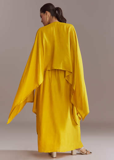 Yellow Silk Kaftan Top And Drape Skirt Set With Embroidery