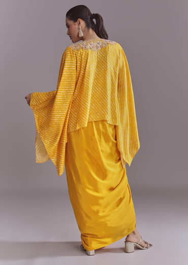 Yellow Silk Kaftan Top And Drape Skirt Set With Leheriya Print