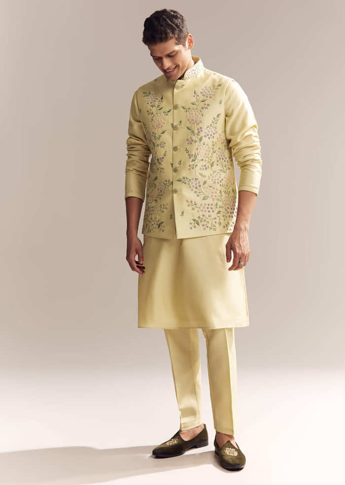 Yellow Silk Kurta Jacket Set For Men With Heavy Embroidery