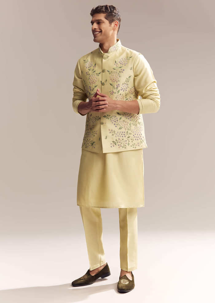 Yellow Silk Kurta Jacket Set For Men With Heavy Embroidery