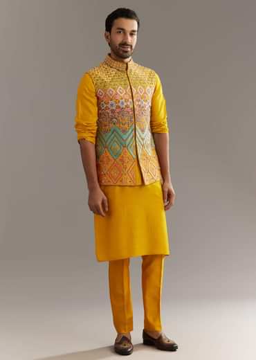 Yellow Silk Kurta Jacket Set With Multicolor Hand Work