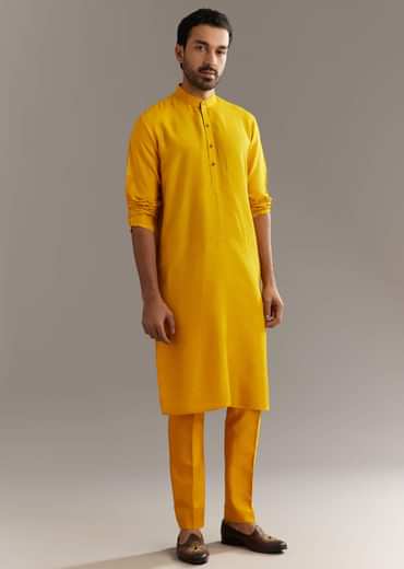 Yellow Silk Kurta Jacket Set With Multicolor Hand Work