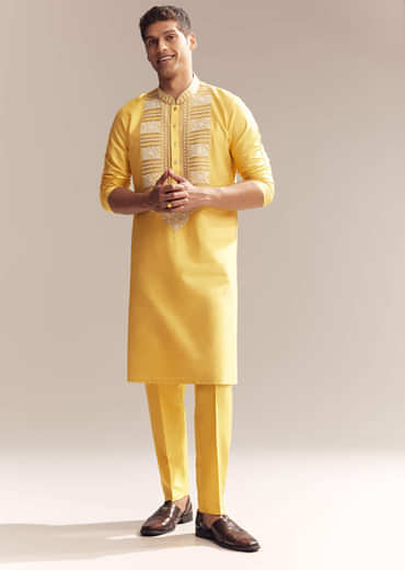 Yellow Silk Kurta Set For Men With Kashmiri Hand Work