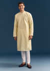 Pastel Yellow Silk Kurta Set For Men With Mirror Work