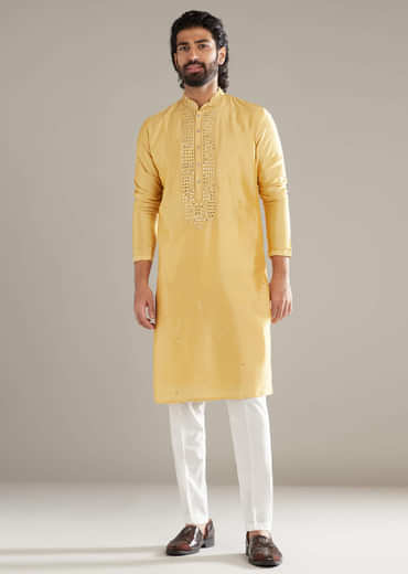 Yellow Silk Kurta Set For Men With Mirror Work