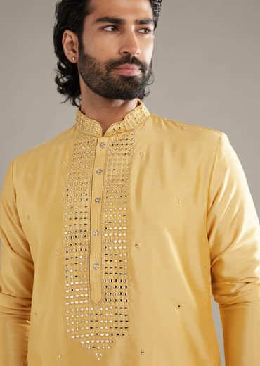 Yellow Silk Kurta Set For Men With Mirror Work