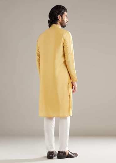 Yellow Silk Kurta Set For Men With Mirror Work