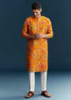 Yellow Silk Kurta Set For Men With Multicolour Floral Print