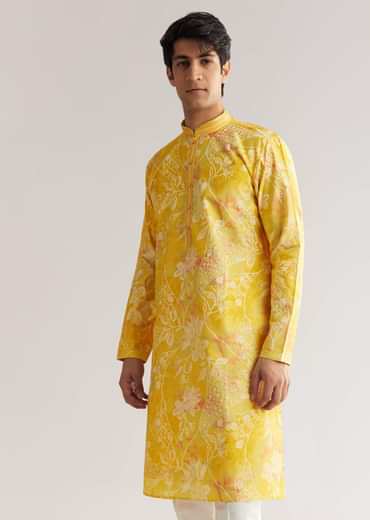 Yellow Silk Kurta Set With Floral Prints