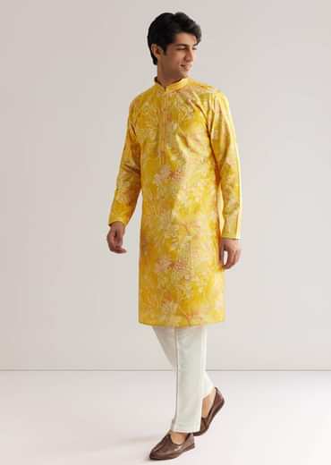 Yellow Silk Kurta Set With Floral Prints