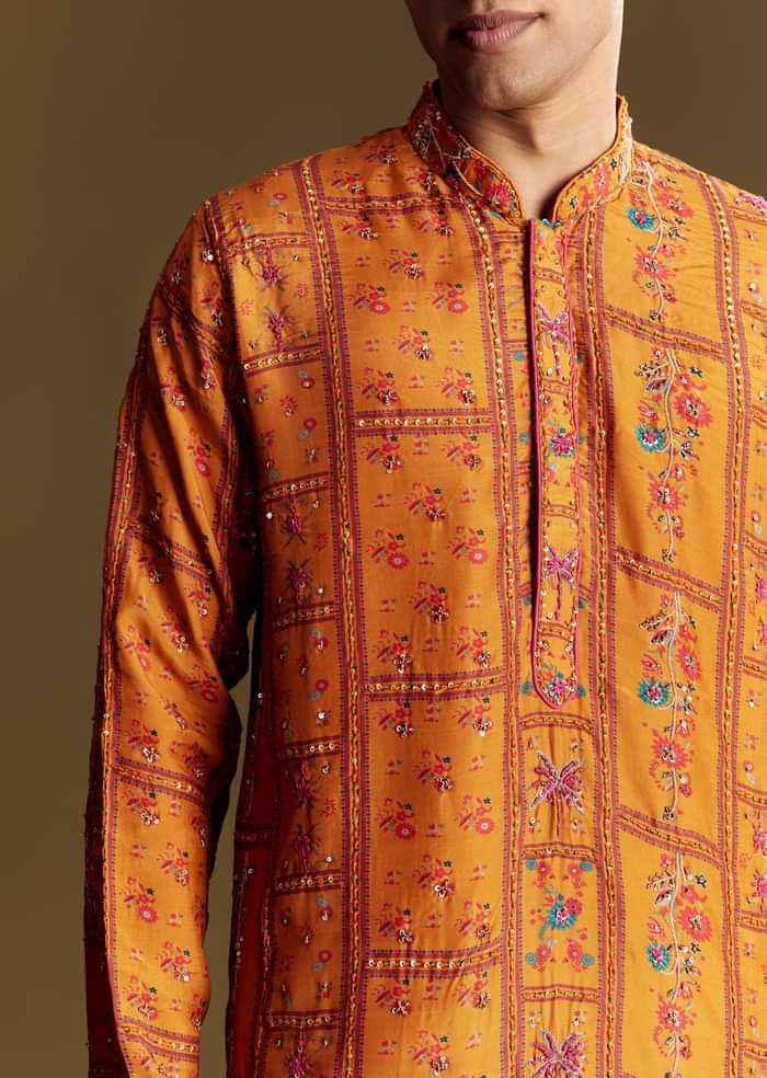 Yellow Silk Kurta Set With Thread Embroidery And Sequin Accents
