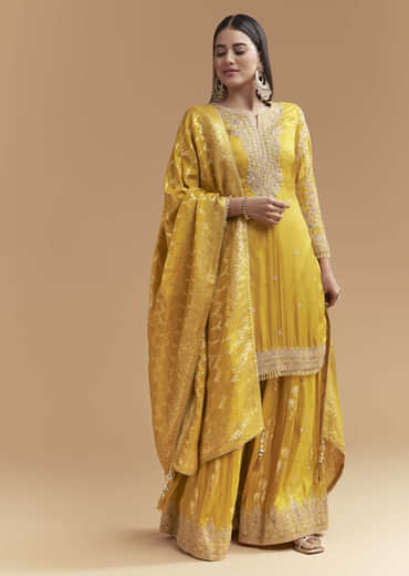 Yellow Silk Palazzo Suit With Hand Embroidery And Floral Print