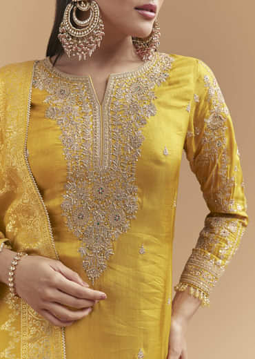 Yellow Silk Palazzo Suit With Hand Embroidery And Floral Print
