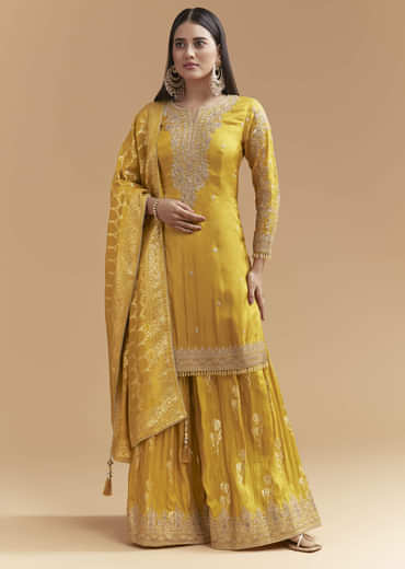 Yellow Silk Palazzo Suit With Hand Embroidery And Floral Print