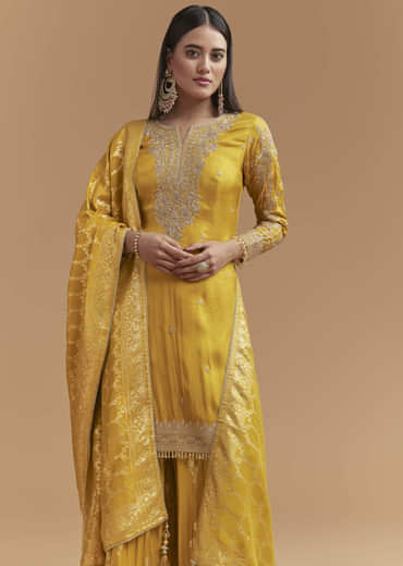 Yellow Silk Palazzo Suit With Hand Embroidery And Floral Print