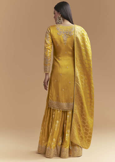 Yellow Silk Palazzo Suit With Hand Embroidery And Floral Print