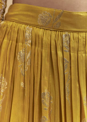 Yellow Silk Palazzo Suit With Hand Embroidery And Floral Print