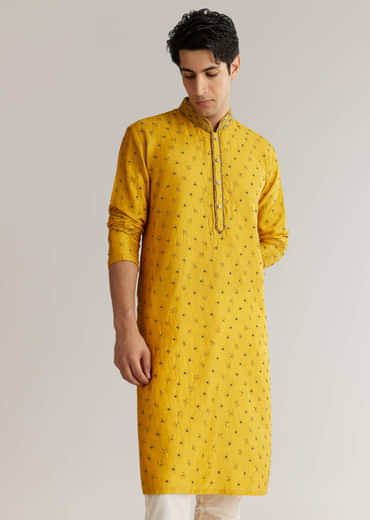 Yellow Silk Resham Embroidered Kurta Set With Mirrorwork