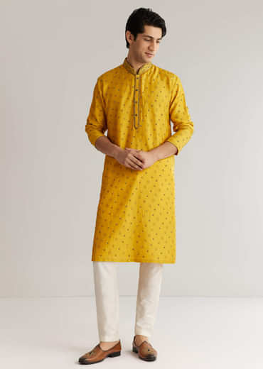 Yellow Silk Resham Embroidered Kurta Set With Mirrorwork