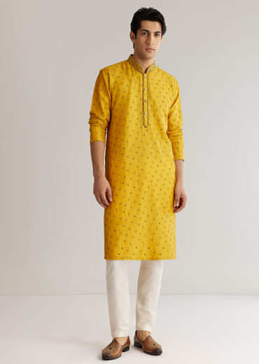 Yellow Silk Resham Embroidered Kurta Set With Mirrorwork