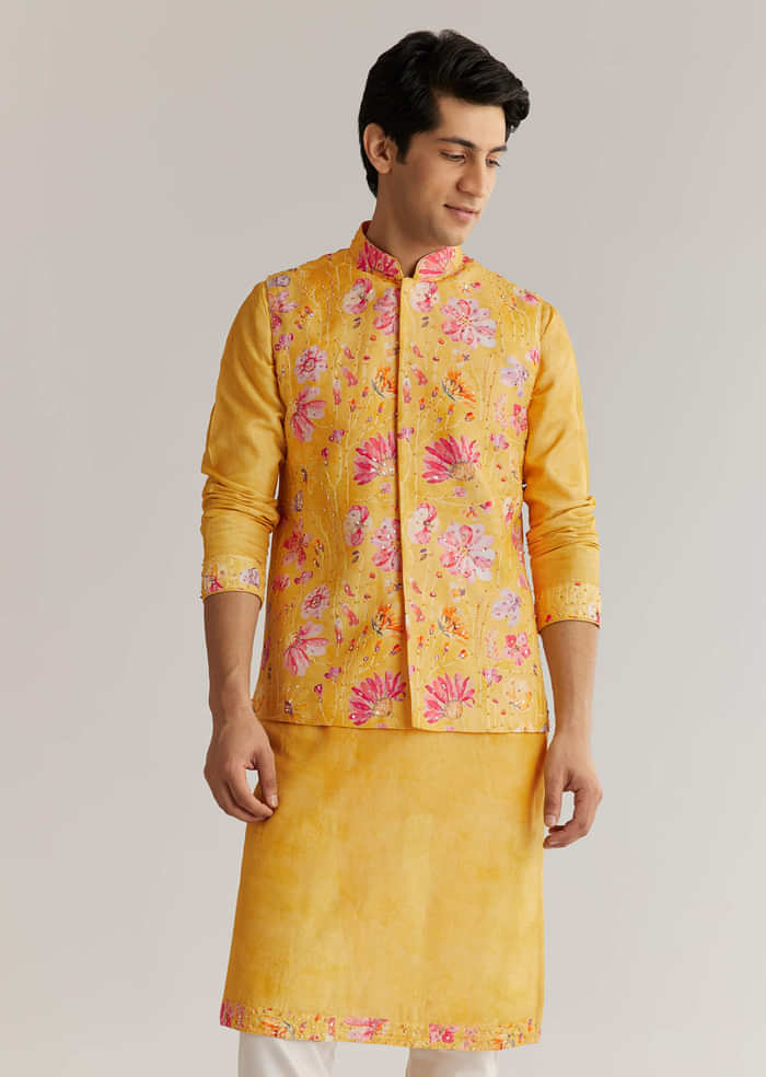 Yellow Silk Stone Sequins Cutdana Kurta Jacket Set