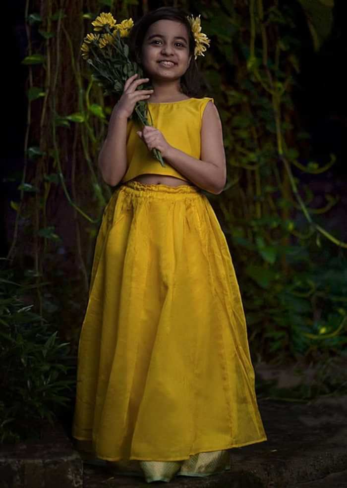 Kalki Girls Yellow Skirt And Crop Top In Hand Woven Cotton Silk With Tie Up At The Back And Woven Border By Love The World Today