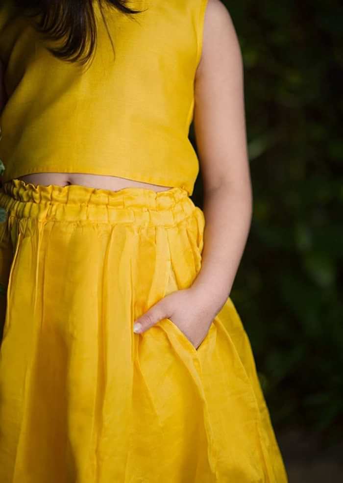 Kalki Girls Yellow Skirt And Crop Top In Hand Woven Cotton Silk With Tie Up At The Back And Woven Border By Love The World Today