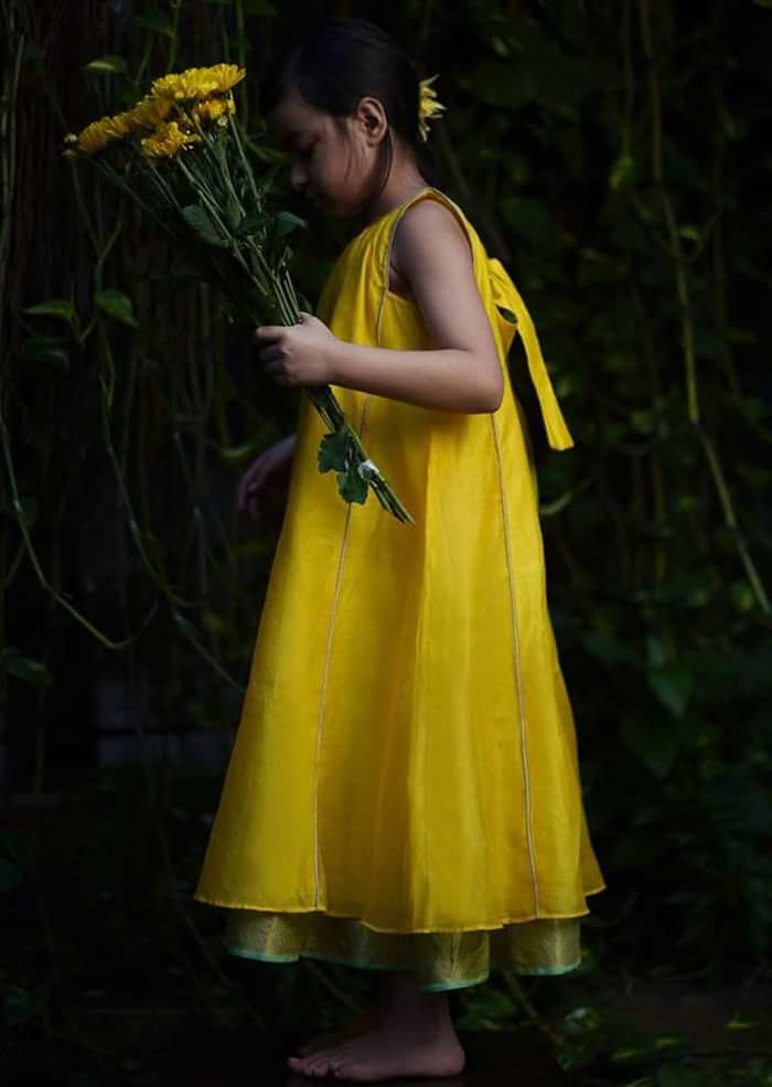 Kalki Girls Yellow Sleeveless Dress In Hand Woven Cotton Silk With Tie Up In The Back By Love The World Today