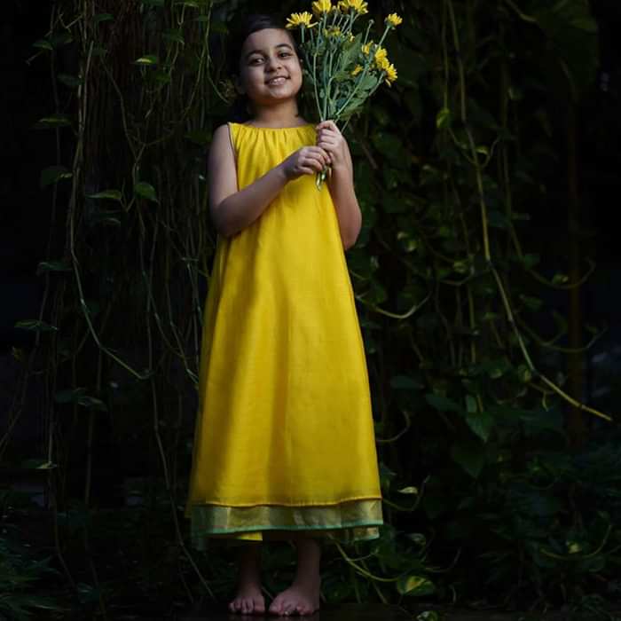 Kalki Girls Yellow Sleeveless Dress In Hand Woven Cotton Silk With Tie Up In The Back By Love The World Today