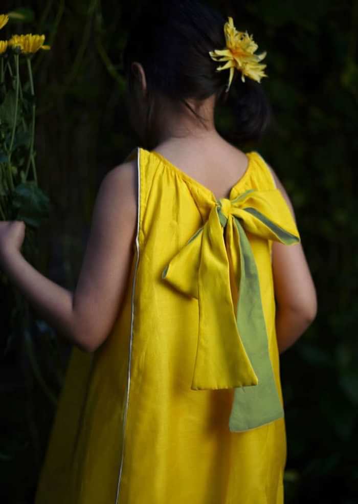 Kalki Girls Yellow Sleeveless Dress In Hand Woven Cotton Silk With Tie Up In The Back By Love The World Today