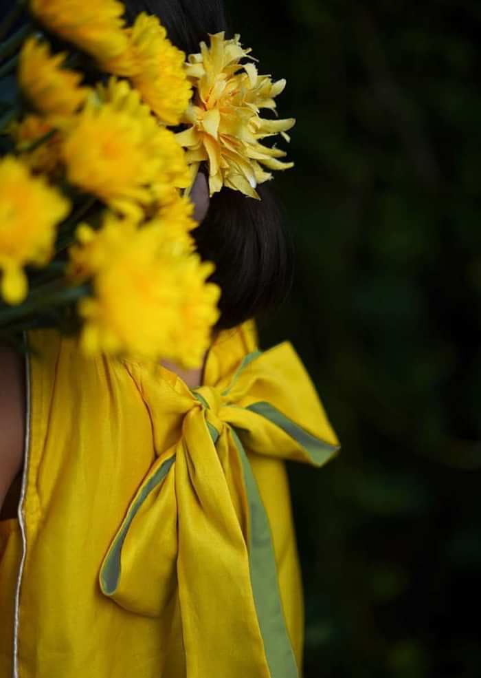 Kalki Girls Yellow Sleeveless Dress In Hand Woven Cotton Silk With Tie Up In The Back By Love The World Today