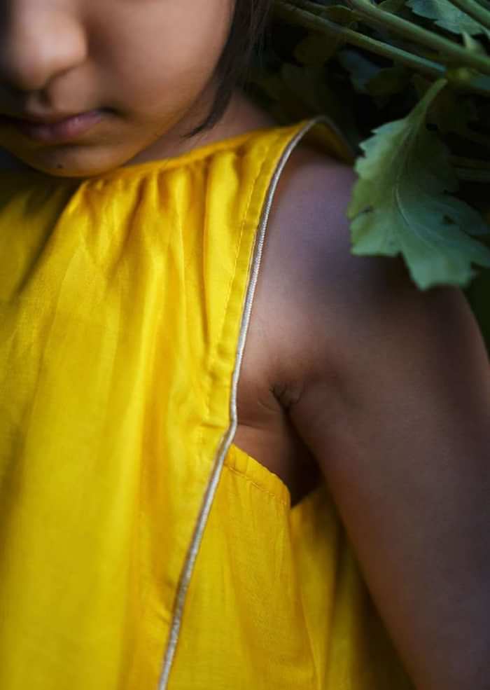 Kalki Girls Yellow Sleeveless Dress In Hand Woven Cotton Silk With Tie Up In The Back By Love The World Today