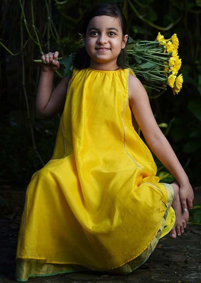 Kalki Girls Yellow Sleeveless Dress In Hand Woven Cotton Silk With Tie Up In The Back By Love The World Today