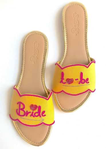 Yellow Slider Flats With Fuchsia Pink Colored Bride To Be Text And Scalloped Edge Online By Sole House