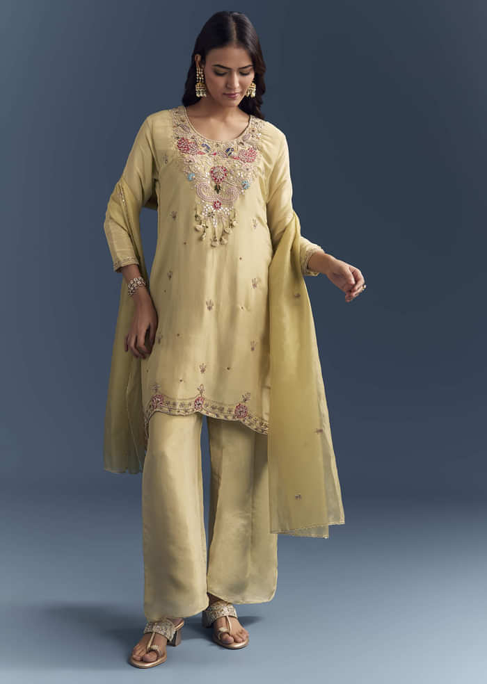Light Yellow Tissue Palazzo Suit With Zardosi Work