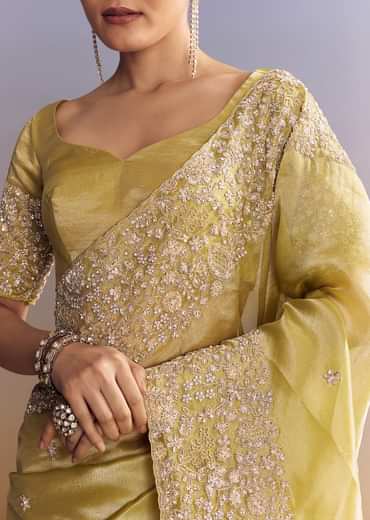 Yellow Tissue Saree With Heavy Floral Embroidered Border