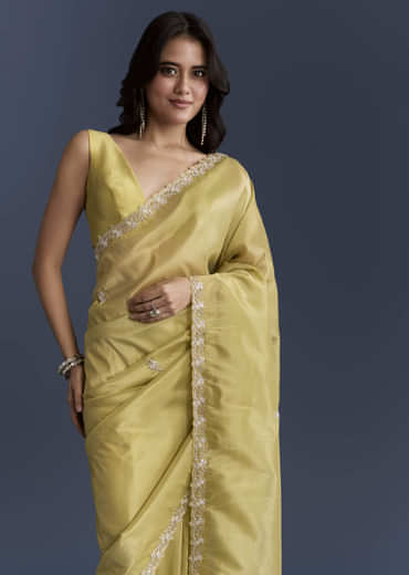 Yellow Tissue Saree With Heavy Hand Embroidery
