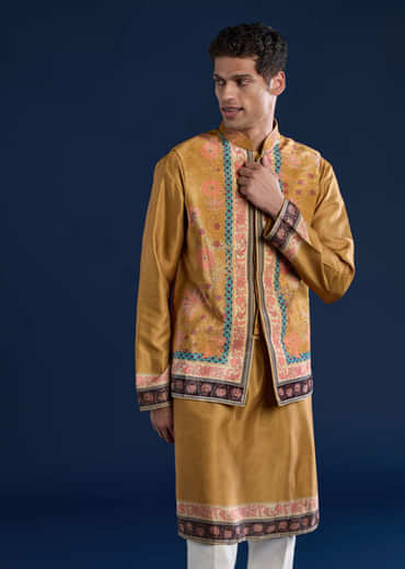 Yellow Velvet Printed Jacket Kurta Set
