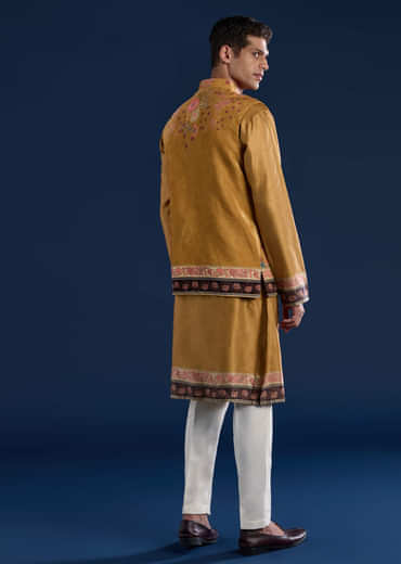 Yellow Velvet Printed Jacket Kurta Set