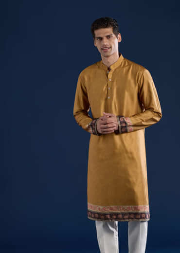 Yellow Velvet Printed Jacket Kurta Set